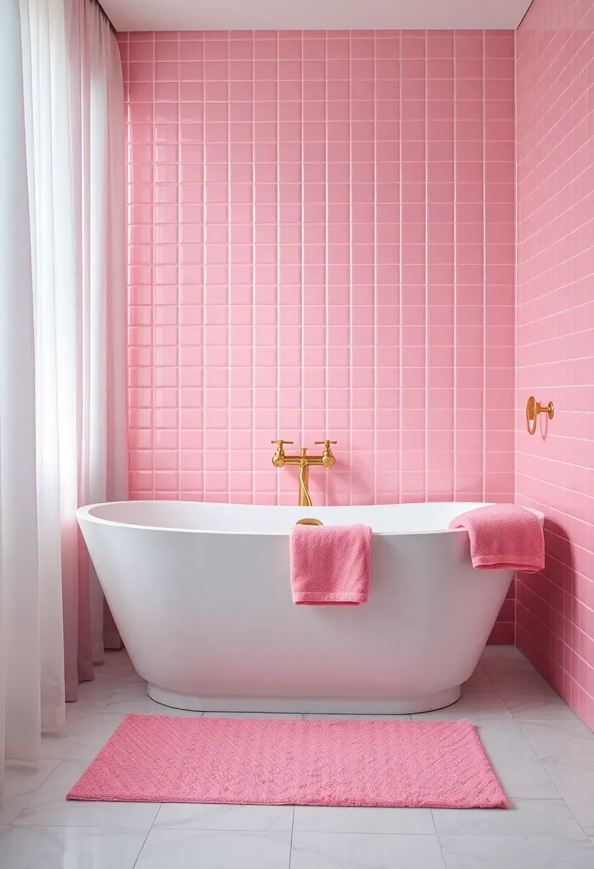 Luxurious pink bathroom with bubblegum pink fixtures and white accents in Toca Boca style