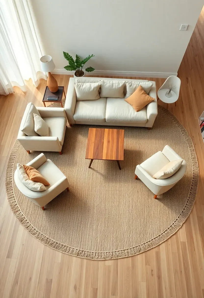 Hyper-realistic high-angle shot of modern living room showing large natural fiber rug covering seating area, cream sofa with front legs on rug, two armchairs also partially on rug, oak coffee table centered on rug, light oak floor visible around rug perimeter. Materials: sisal rug with visible fiber texture, cream linen upholstery, oak wood. Natural daylight showing rug texture and proper furniture placement. Organic foundational mood. Composition demonstrating rug sizing principles. Sharp details on fiber weave variations. No text, no logos, no watermarks.</p>