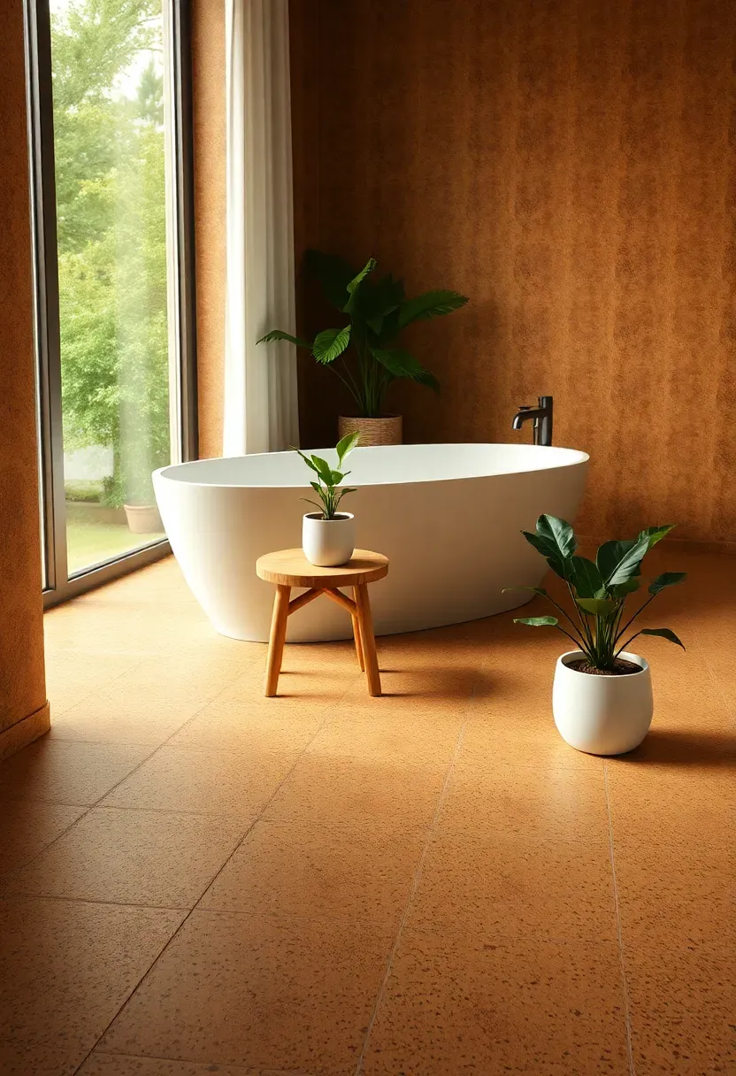 Cork flooring in a bathroom with natural honey brown tone warm and soft surface white freestanding tub and green plants