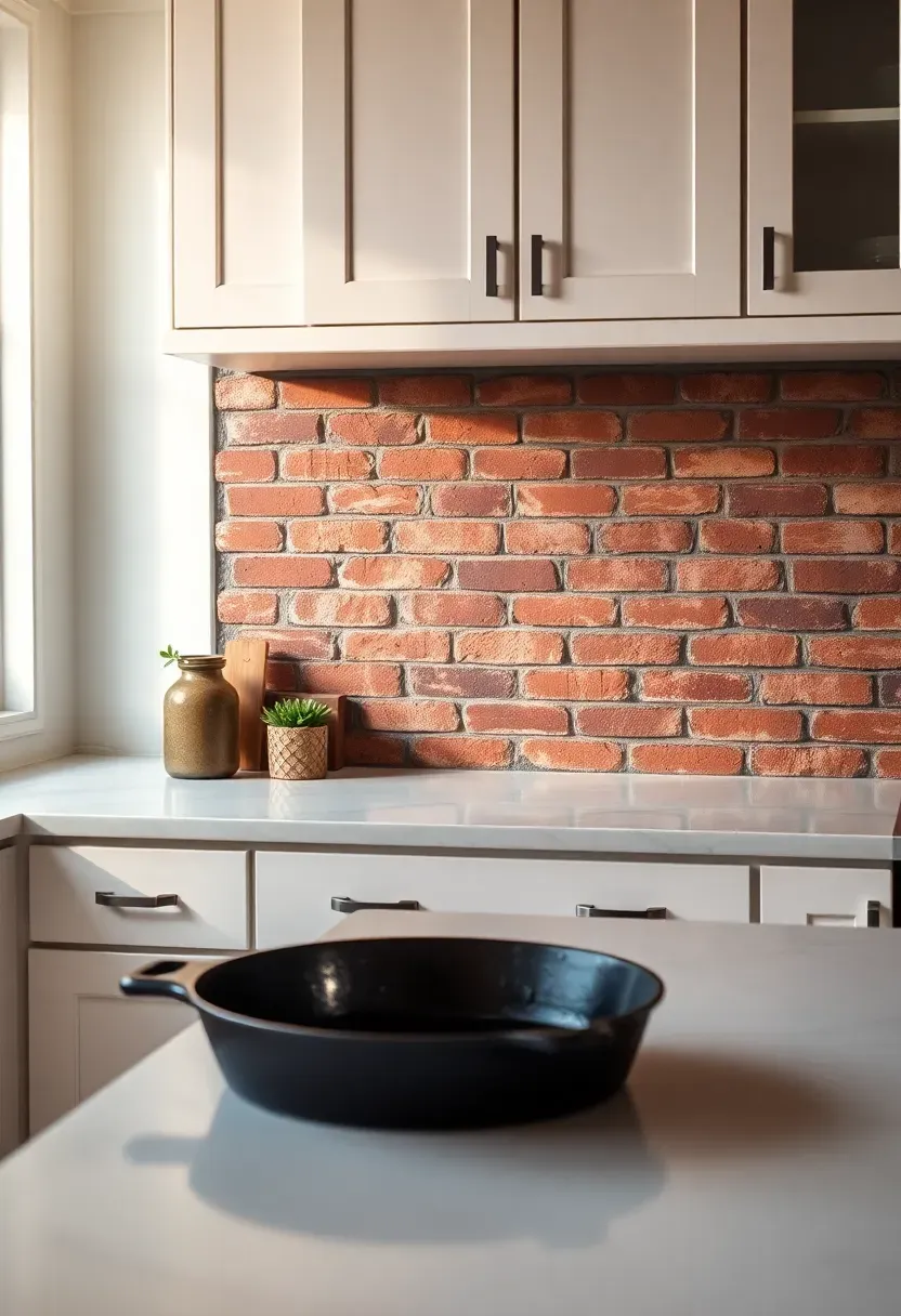 reclaimed red brick veneer backsplash with rustic mortar joints in a white kitchen creating warm industrial contrast