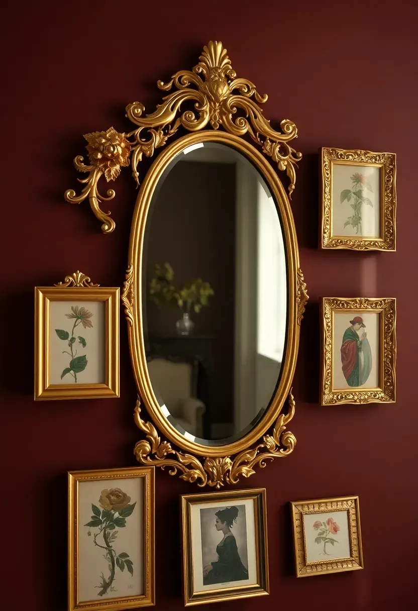 Art Nouveau framed mirror gallery wall with ornate gilded frames in organic leaf and vine shapes