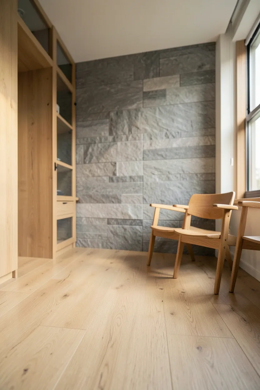 Natural stone and warm oak wood combination in a minimalist living room — grounding earth material pairing