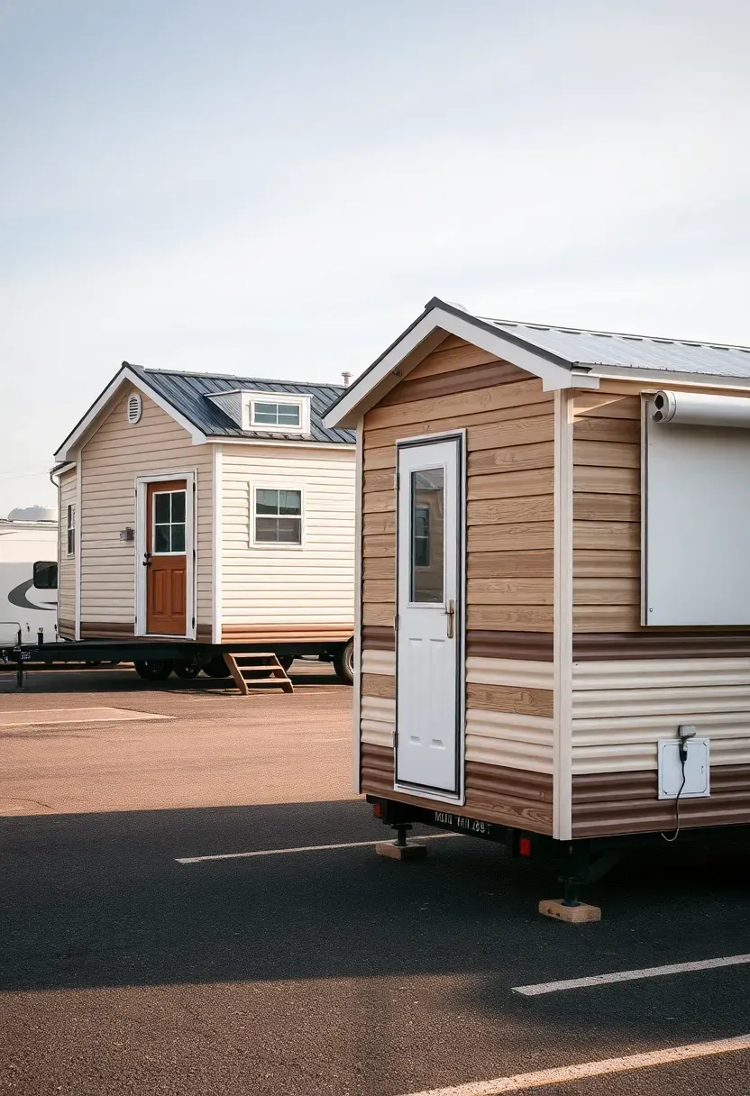 Hyper-realistic exterior view comparing two similar-sized dwellings: traditional tiny house on trailer versus park model with slide-out sections. Both approximately 350 square feet, different design approaches. Tiny house has taller, narrower profile; park model is lower and wider. RV park setting with partial hookups visible. Neutral daylight with subtle shadows. Comparative documentary mood. Both designs equally visible. No text, no logos, no watermarks.</p>
