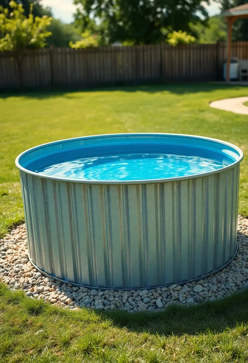 Classic round galvanized steel stock tank pool filled with clear blue water on a gravel pad in a green backyard
