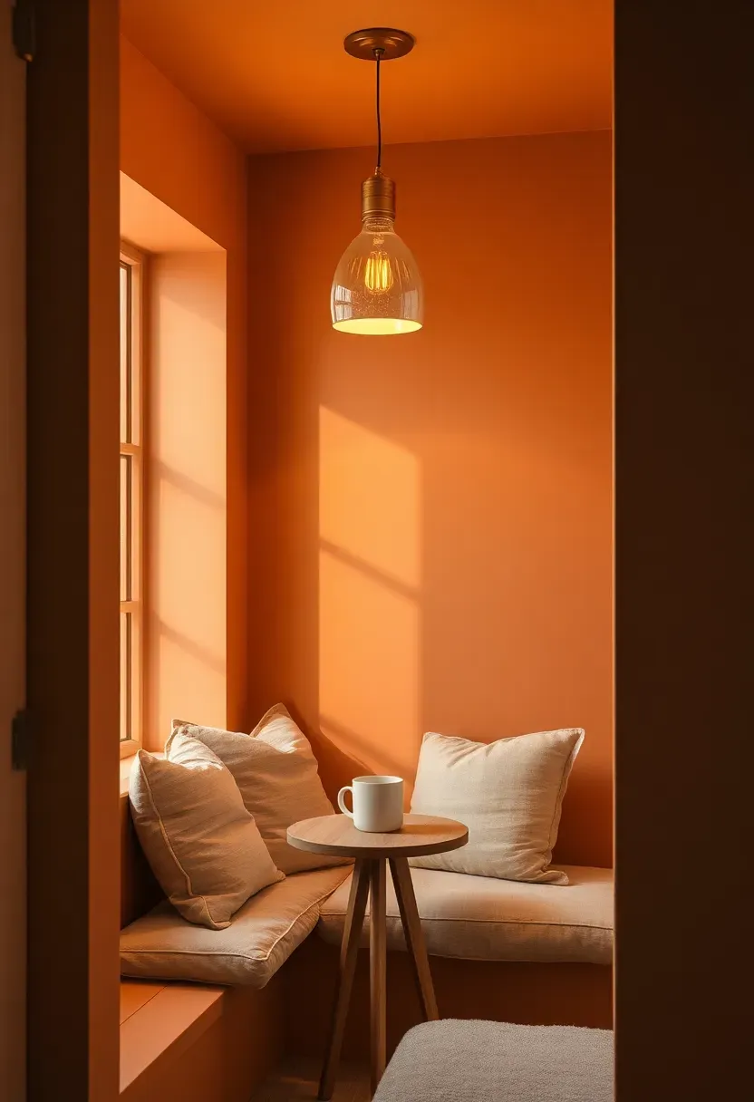 Warm basement corner painted in soft terracotta with a reading nook and warm pendant lighting
