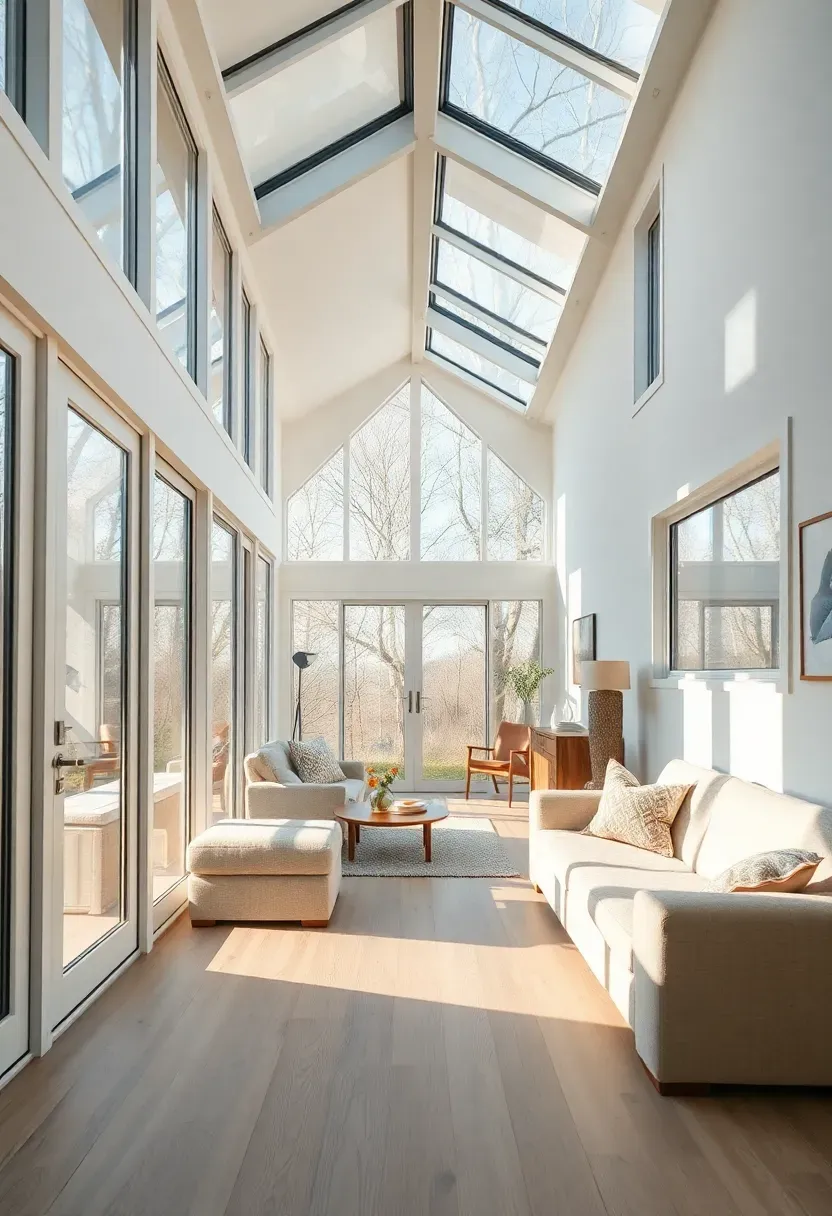 Hyper-realistic 3/4 view of a tiny house with abundant natural light from multiple windows and skylight, interior feeling bright and airy, white oak floors. Materials: large glass windows, white oak floor, matte white walls, linen furniture. Bright diffused daylight, creamy neutrals with golden light. Mood: bright, expansive, open. Shallow depth of field, sharp details, balanced composition, soft shadows, visible room context. No text, no logos, no watermarks.</p>