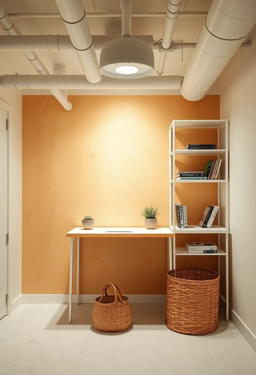 Bright basement room painted in warm white with a simple desk, open shelving, and soft natural-toned decor