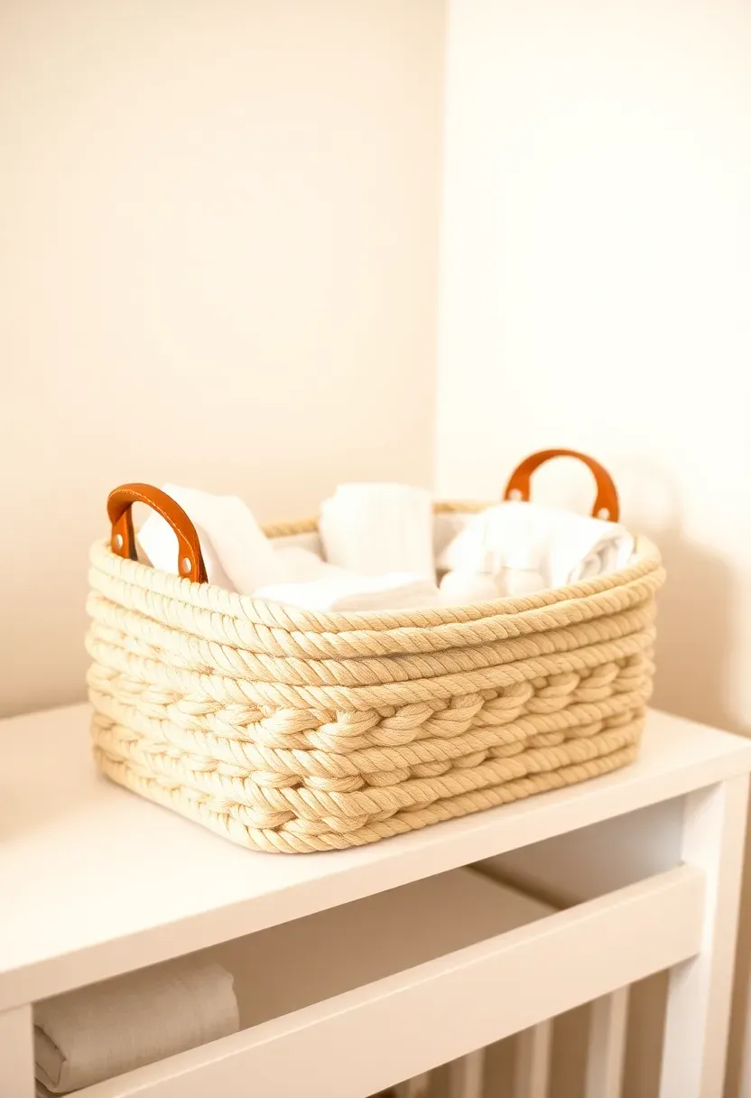 rope diaper caddy organiser filled with baby essentials on a nursery shelf