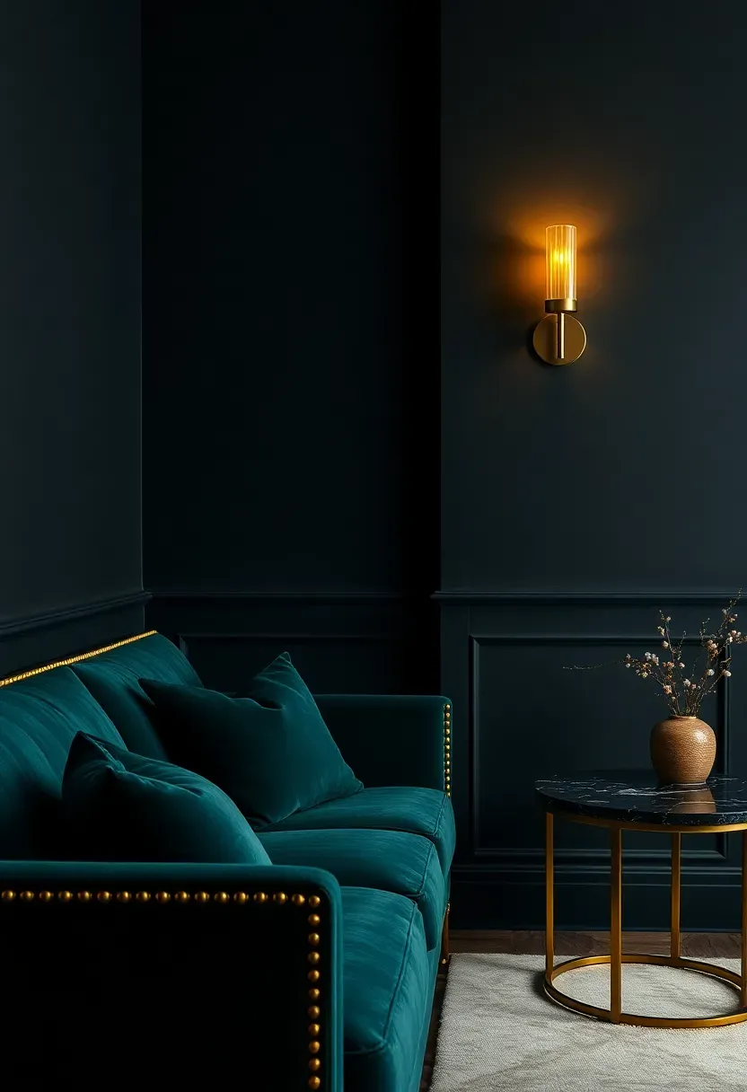 Dramatic living room with deep charcoal walls, a dark emerald velvet sofa, brass accents, and moody ambient lighting from wall sconces