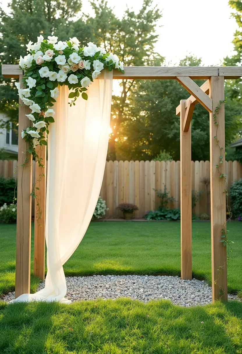 Rustic wooden garden arch decorated with draped fabric and climbing flowers in a backyard, set up as an engagement party ceremony spot on a grass lawn