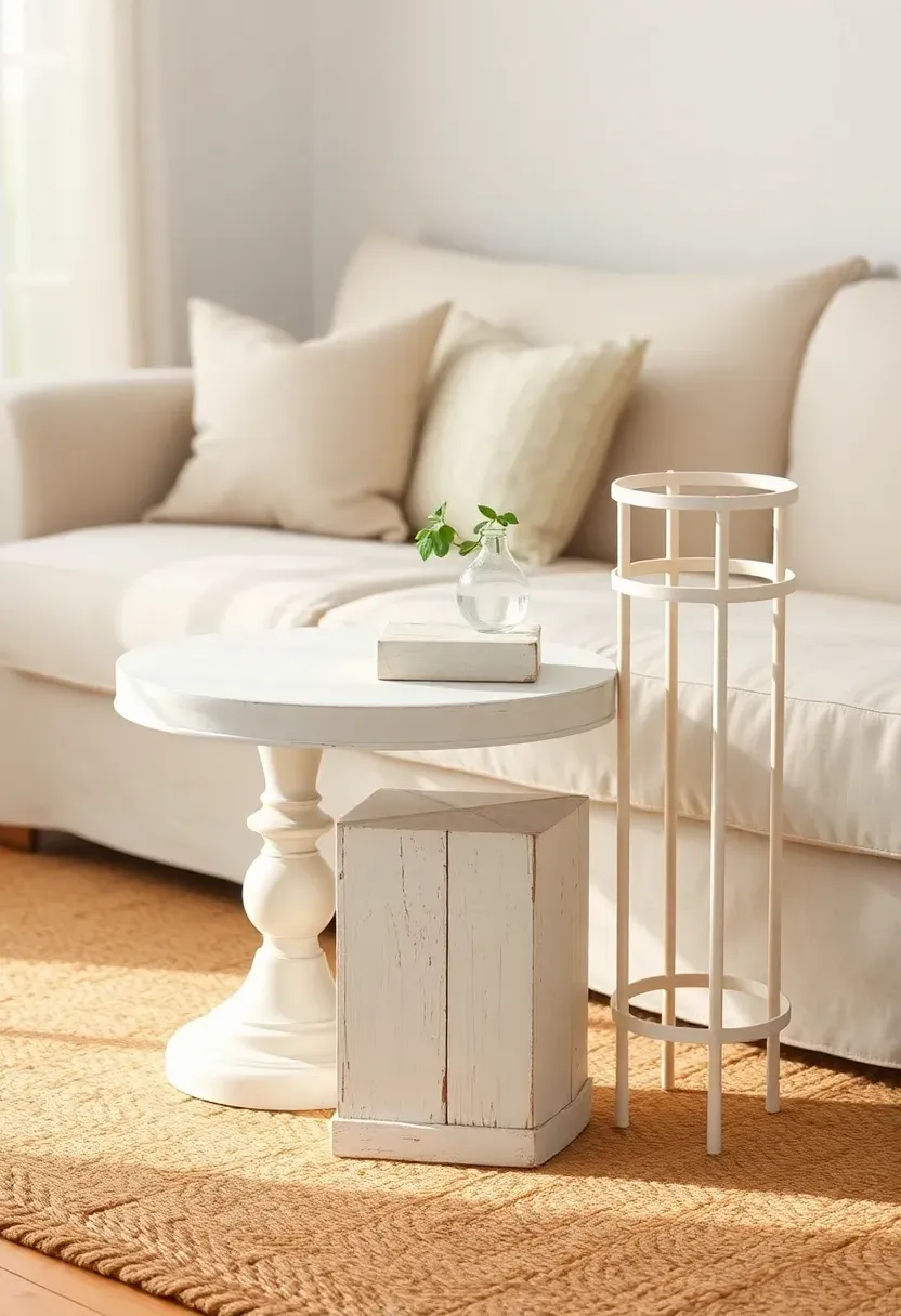 Three mismatched vintage accent tables in different shapes and finishes arranged together in a shabby chic seating area