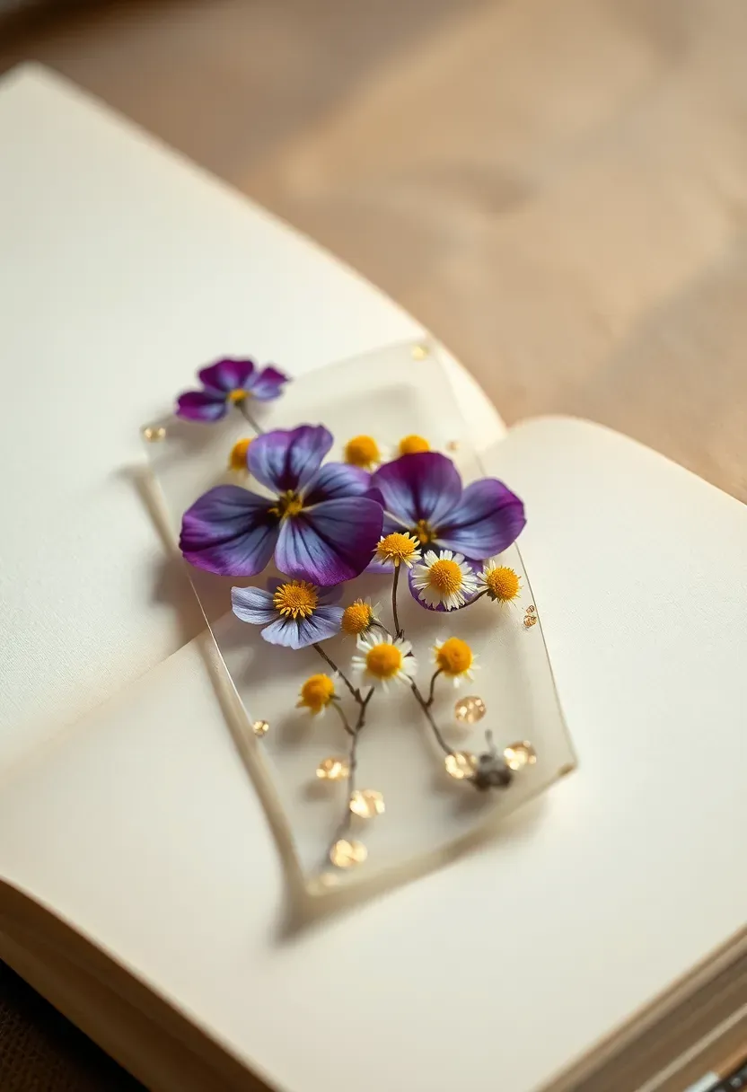 delicate pressed flower bookmark with gold leaf accents between pages of an open book