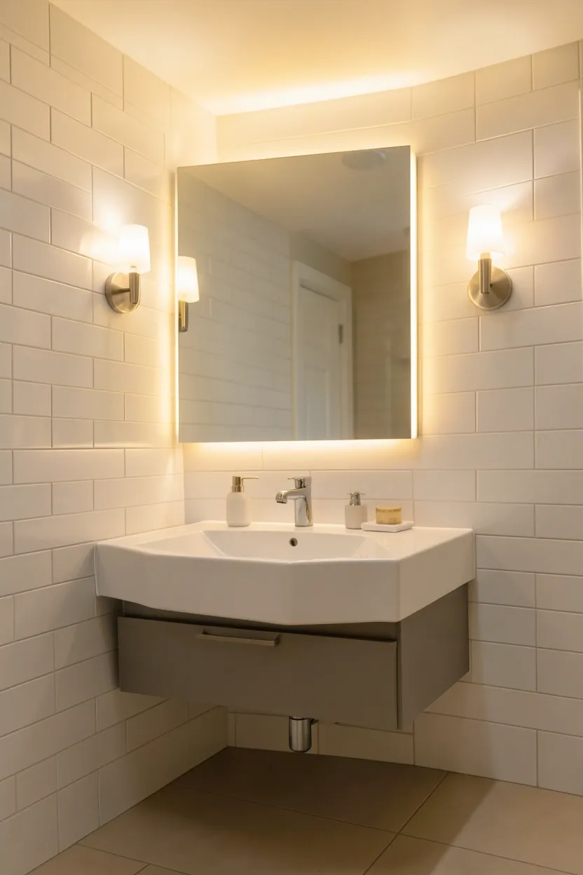 Warm dimmable LED wall sconces flanking a bathroom mirror for flattering ambient lighting