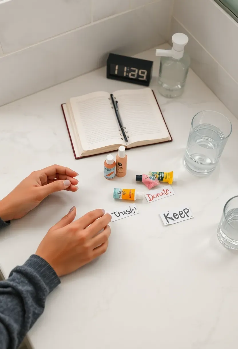 Person sorting bathroom products into trash donate and keep piles on a counter with notebook and timer beside them