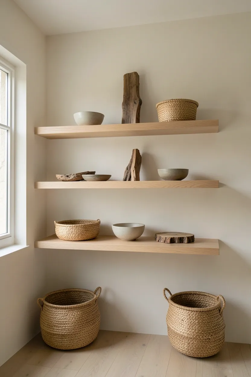 Floating wood shelves with curated natural objects — ceramic bowls, woven basket, and small plants — in a minimalist rental