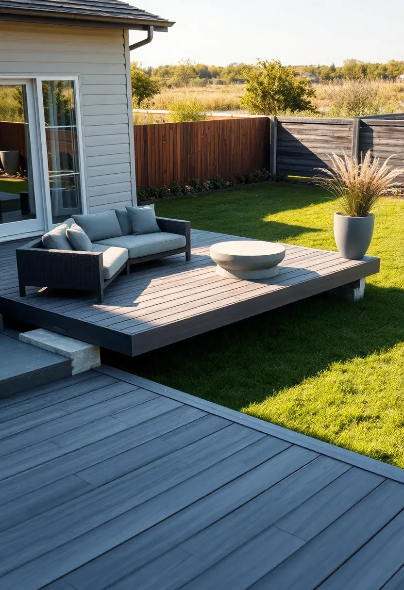 Floating composite deck platform built over a green lawn with modern outdoor furniture and planters in a minimalist backyard oasis