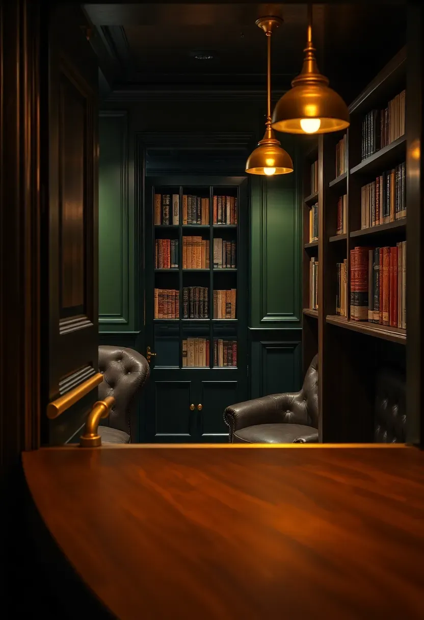 Hidden basement bar behind a swinging bookcase door with moody interior lighting, dark green walls, and brass bar fixtures
