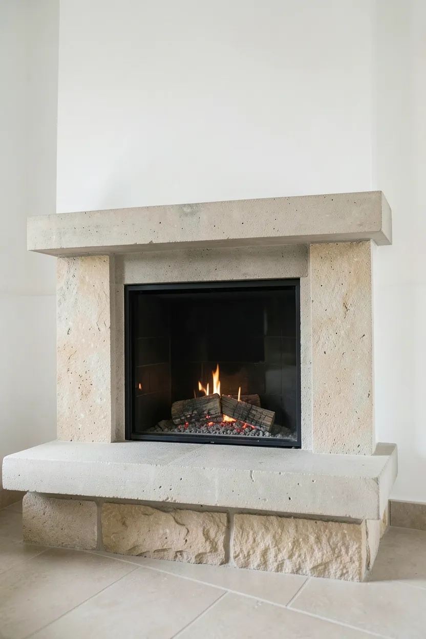 Clean minimalist fireplace with gray limestone surround and no mantel ornamentation in a modern Scandinavian living room