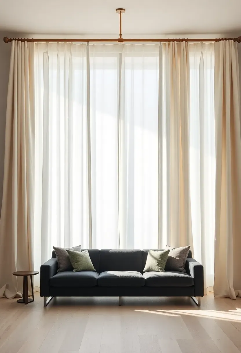 Hyper-realistic frontal view of floor-to-ceiling drapery framing large windows. Materials: cream linen panels hanging from ceiling-mounted brass rod, gentle fabric folds creating graceful vertical lines, soft diffused daylight filtering through fabric. White walls, charcoal sofa, white oak floor. Elegant proportions emphasizing vertical drama through window treatment.</p>