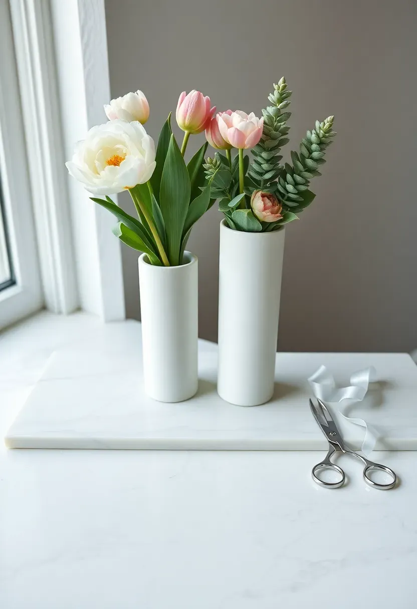 minimalist marble surface flower bar with white ceramic vases and single-variety stem groups
