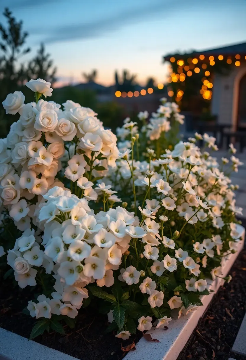 An elegant all-white flower bed at dusk with white roses, gardenias, moonflowers, and white phlox glowing softly under a crescent moon