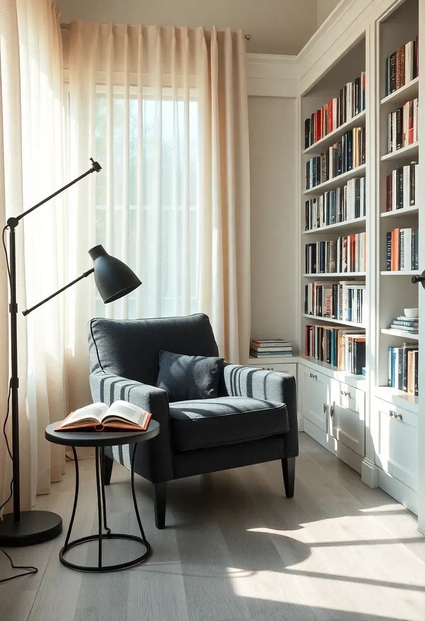 Minimalist sunroom reading nook with a single armchair, floor lamp, built-in bookshelf, and soft diffused light through sheer curtains