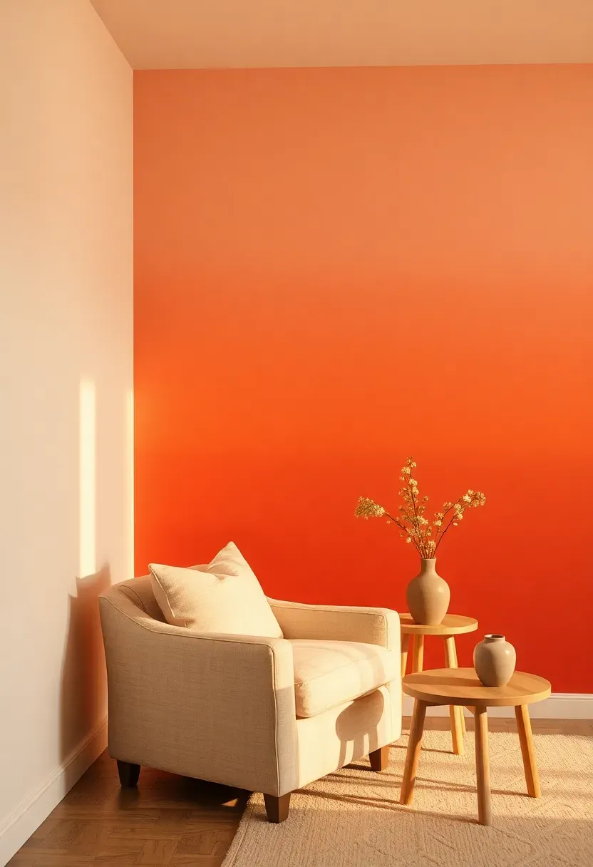 Living room accent wall with a smooth gradient wash transitioning from warm peach at the top through coral to deep burnt sienna at the bottom