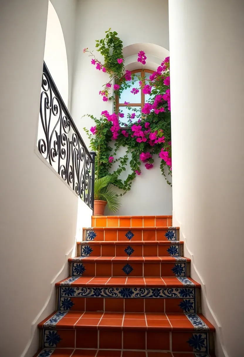 Mediterranean villa staircase with hand-painted Talavera tile risers in cobalt and white, terracotta-tiled treads, wrought iron vine scroll railing, and bougainvillea through arched window