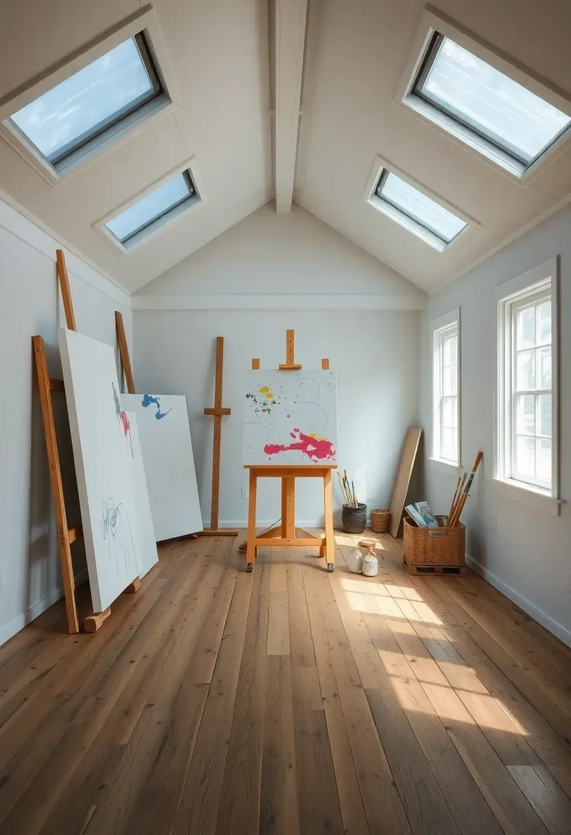 An artist studio shed interior with north-facing skylights, white walls covered in paintings, an easel in the center, and paint-stained wooden floors