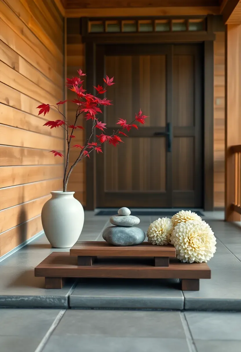 Hyper-realistic wide shot of a Japanese-inspired front porch with meditative fall decor. A single crimson maple branch displays in a simple white ceramic vessel. Three smooth stones of varying sizes are arranged carefully on a wooden platform. Three mums in charcoal and cream are positioned with deliberate spacing. Porch has natural wood siding and a dark wood front door with minimalist hardware. Smooth stone floor tiles. Soft diffused light creates tranquil atmosphere. Visible wooden lattice details. No text, no logos, no watermarks.</p>