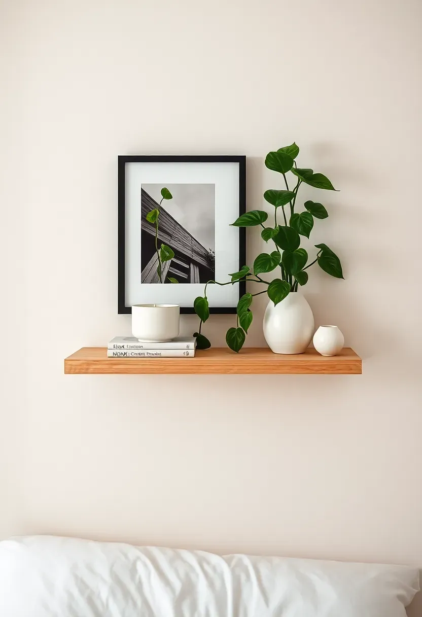 floating shelf above dorm bed displaying framed prints small plants and books