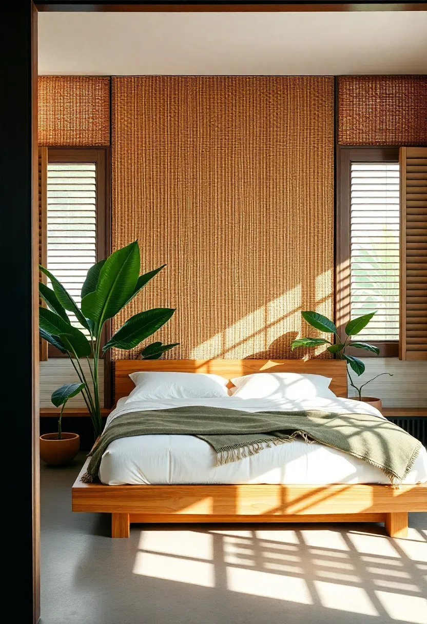 tropical modern bedroom with a woven rattan panel accent wall behind a low wooden bed with green plants and white cotton bedding