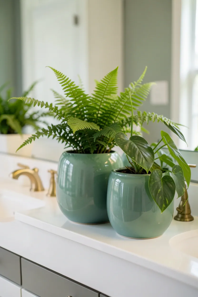 Grouping of sea green ceramic planters with pothos and fern plants on a bathroom windowsill adding natural life and color to a rental space