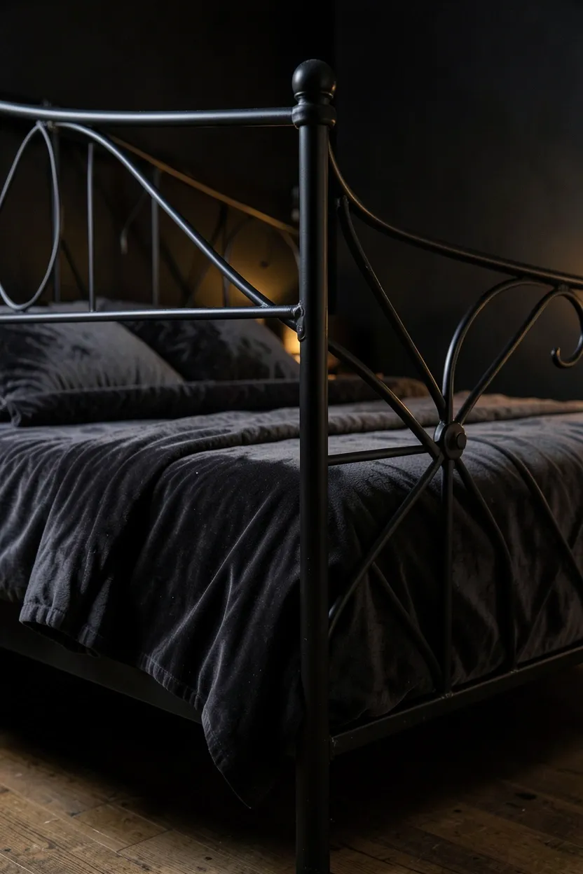 Boho bedroom with dark wood ceiling beams, trailing pothos plants hanging from beams, and monstera in woven basket corner