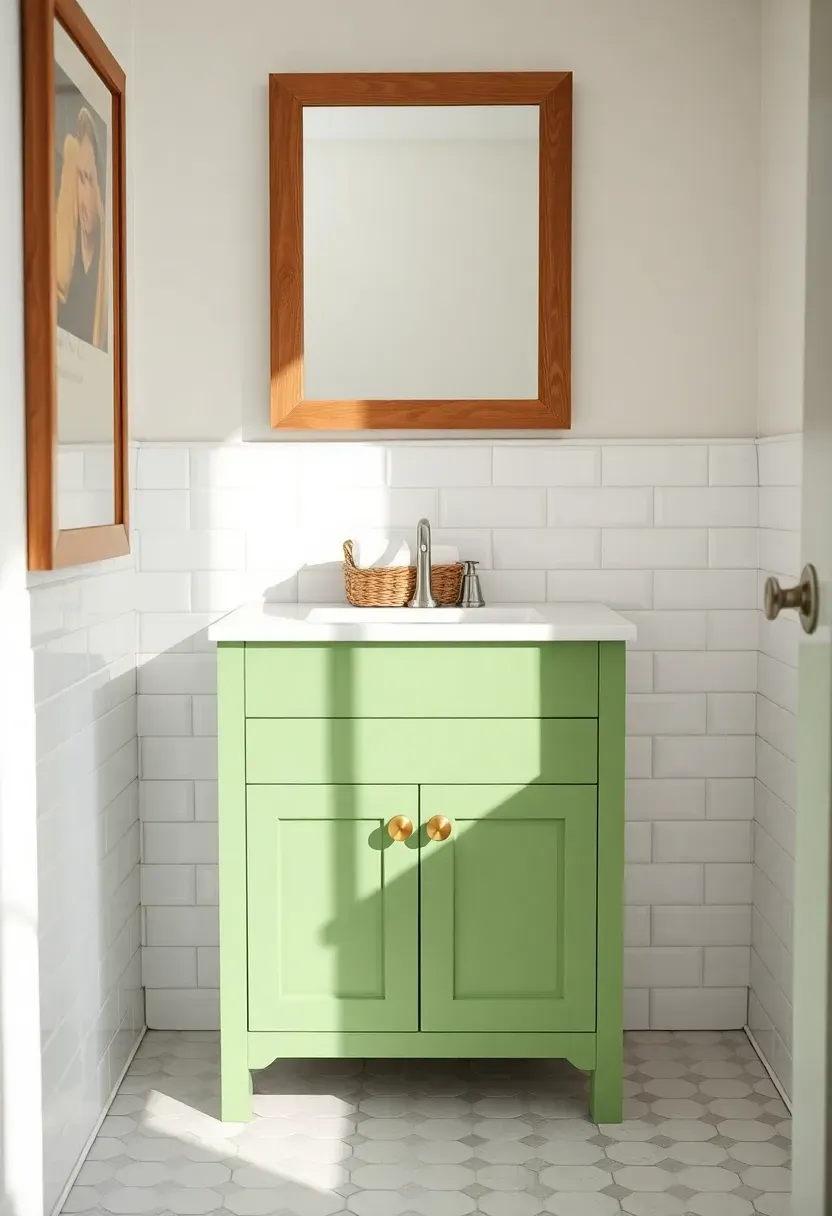 Small white bathroom with a bold pistachio green painted vanity cabinet and brass knobs