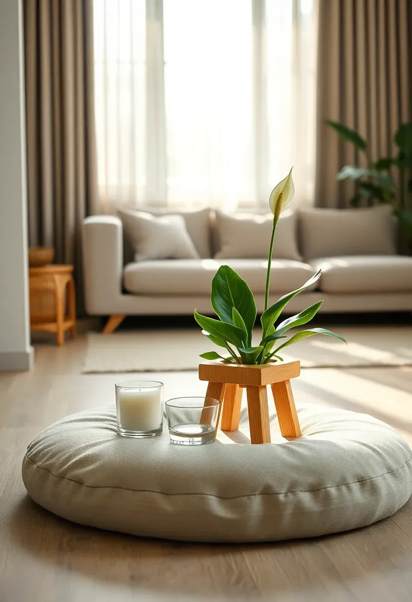 Hyper-realistic straight-on view of small meditation corner nook in Japandi living room: round floor cushion in neutral linen, small wooden stool with white candle in glass holder, potted peace lily plant, window behind showing soft natural light, rest of room with sofa visible in background. Materials: linen cushion texture, light wood stool, cotton wick candle, glossy green plant leaves, glass vessel. Soft diffused natural light creating serene atmosphere. Meditative peaceful mood. Sharp focus on nook elements, medium depth of field with room beyond, visible context of minimalist living space. No text, no logos, no watermarks.</p>