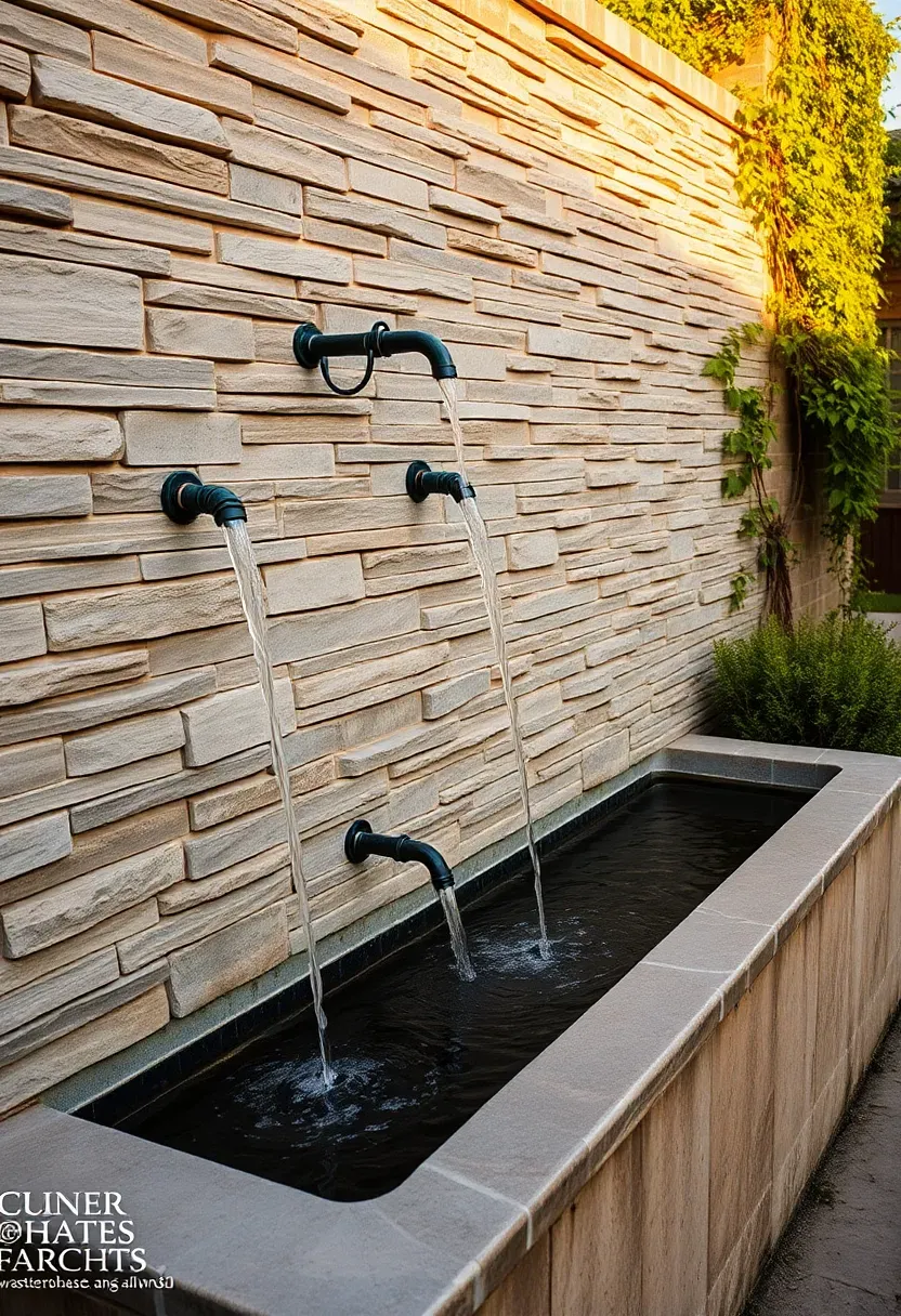 Stone veneer garden wall with water cascading from three copper spillway spouts into a long rectangular basin below
