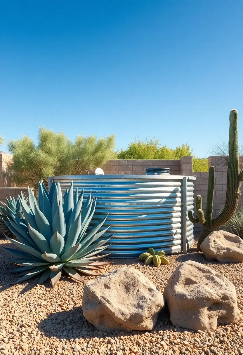 Stock tank pool set in a desert-style backyard with decomposed granite ground cover, agave plants, and large boulders arranged around the tank