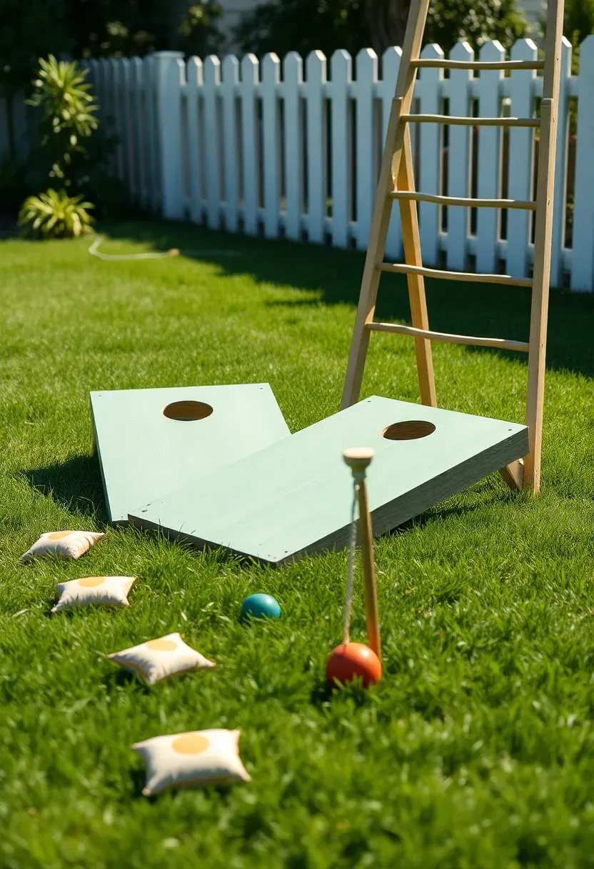 A backyard lawn game station with cornhole boards, ring toss stakes, and a ladder ball set on green grass
