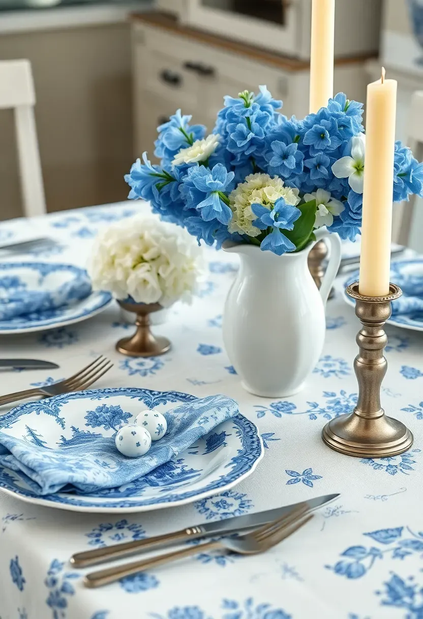 blue toile Easter tablescape with classic blue and white china and spring hyacinth