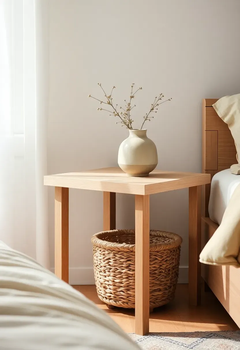 Hyper-realistic close view of a minimalist boho bedroom nightstand area featuring a small light wood open table with a woven basket underneath. Materials: white oak wood, seagrass woven basket, ceramic vase on top. Soft morning light from window. Minimalist composition with only essential items visible. No text, no logos, no watermarks.</p>