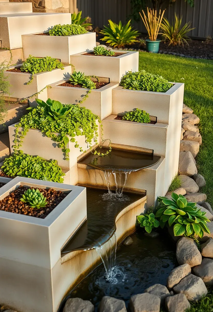 Creative staircase waterfall planter with water cascading down built-in concrete steps filled with trailing plants and succulents