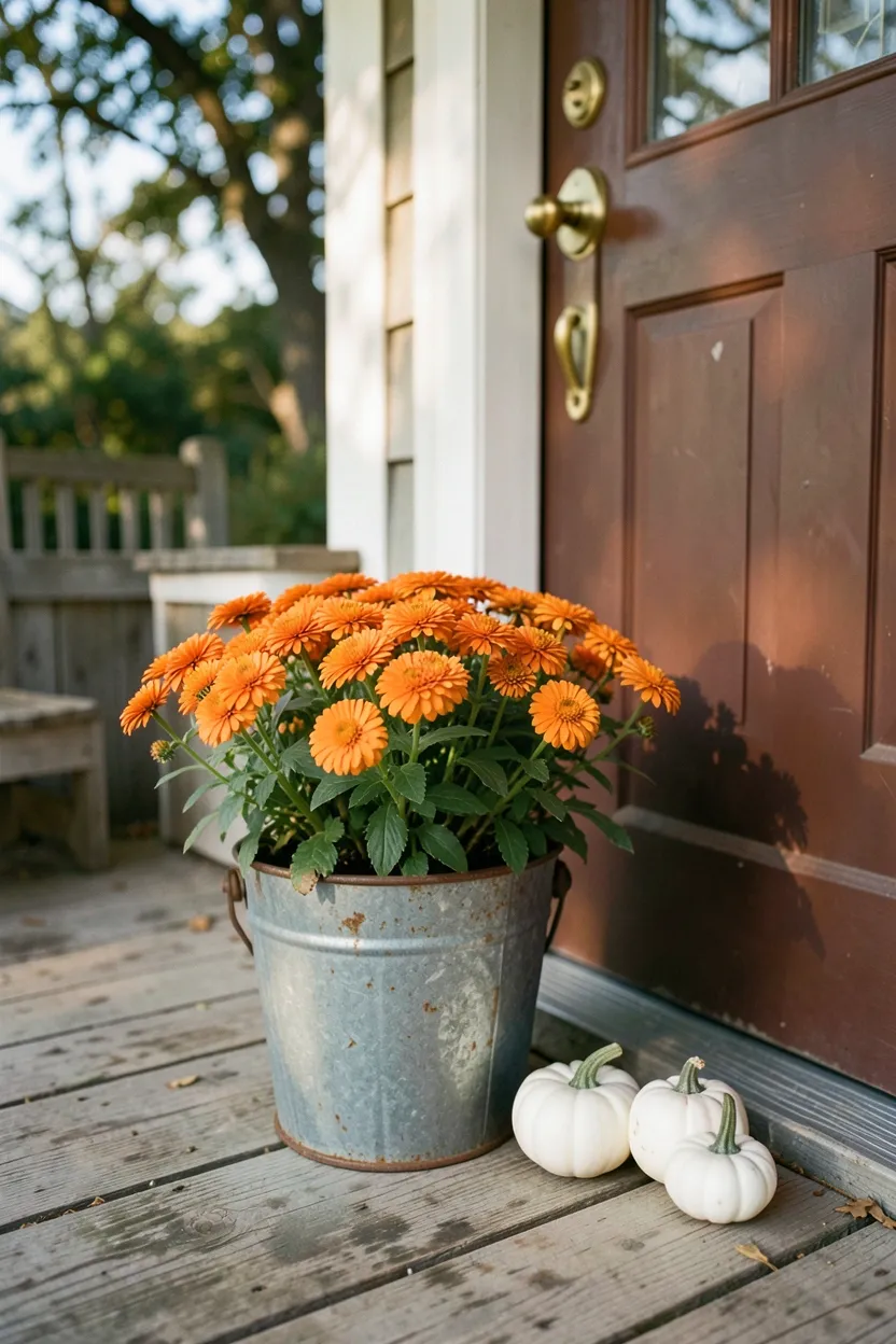 Hyper-realistic eye-level photograph of a fall front porch featuring a large galvanized metal bucket planter filled with a vibrant orange mum and two small white pumpkins, positioned near a front door. Materials: weathered galvanized bucket with rust patina, full mum blooms, smooth white pumpkin surfaces, brass door handle, weathered porch floorboards. Warm morning light with soft shadows, dappled sunlight filtering through nearby trees. Rustic charming atmosphere. Shallow depth of field, sharp details on bucket patina and flower petals, balanced composition showing door hardware. No text, no logos, no watermarks.</p>