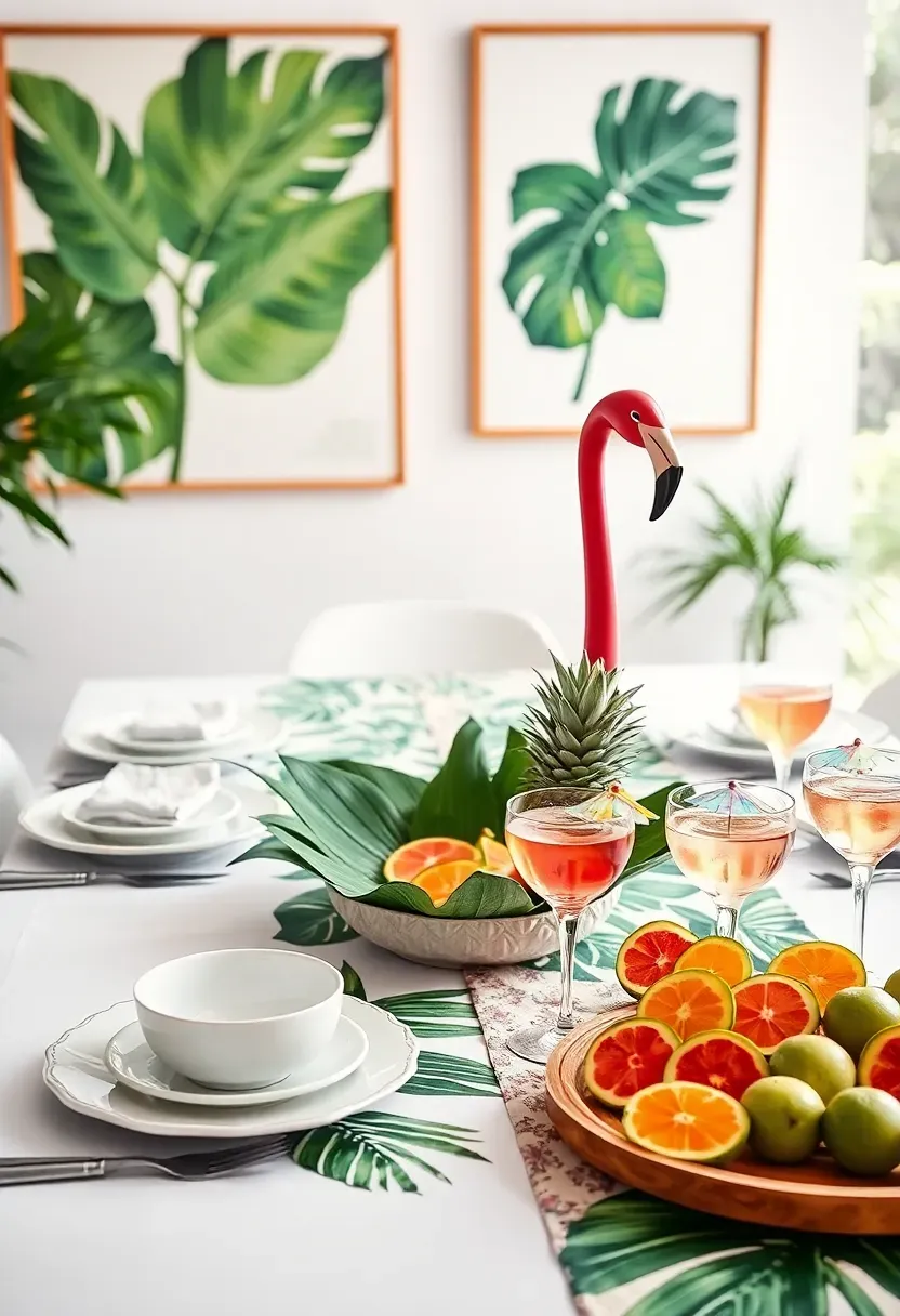 tropical flamingo baby shower brunch with pink flamingo decor palm leaves and exotic fruit display