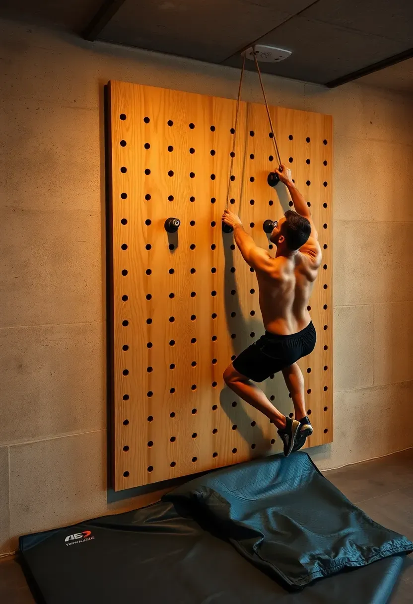 Wooden pegboard mounted on a basement concrete wall with steel pegs, gymnast using the board for upper body training
