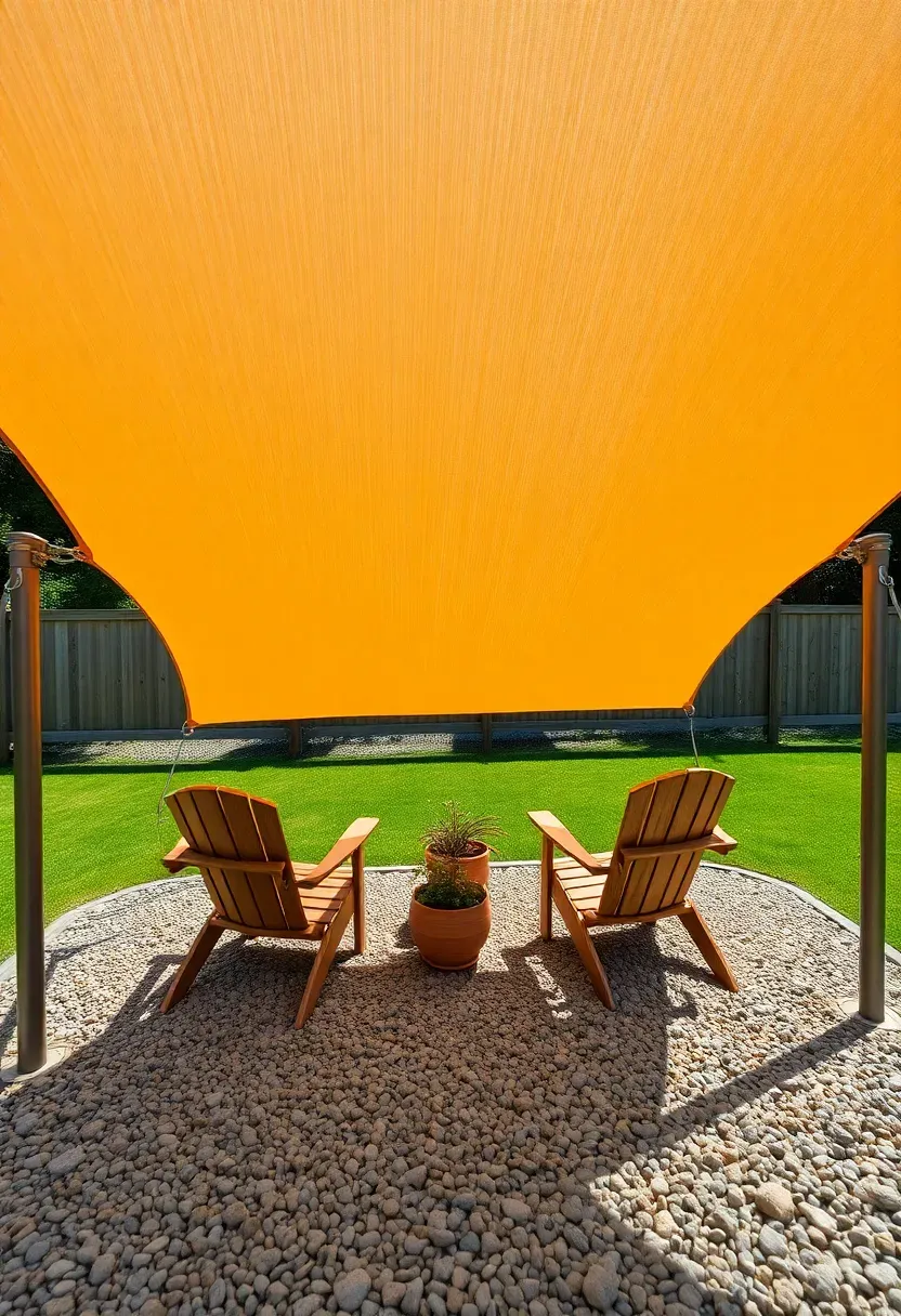 Triangular sail shade in light tan fabric stretched between three posts over a gravel patio with potted plants and wooden chairs