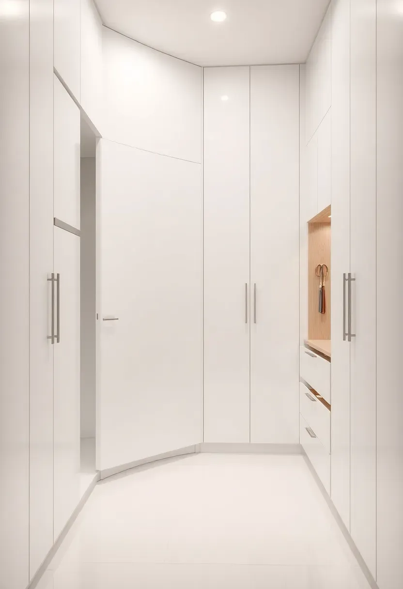 Sleek entryway with floor-to-ceiling built-in cabinets with push-to-open doors, hidden shoe storage, and an integrated umbrella niche