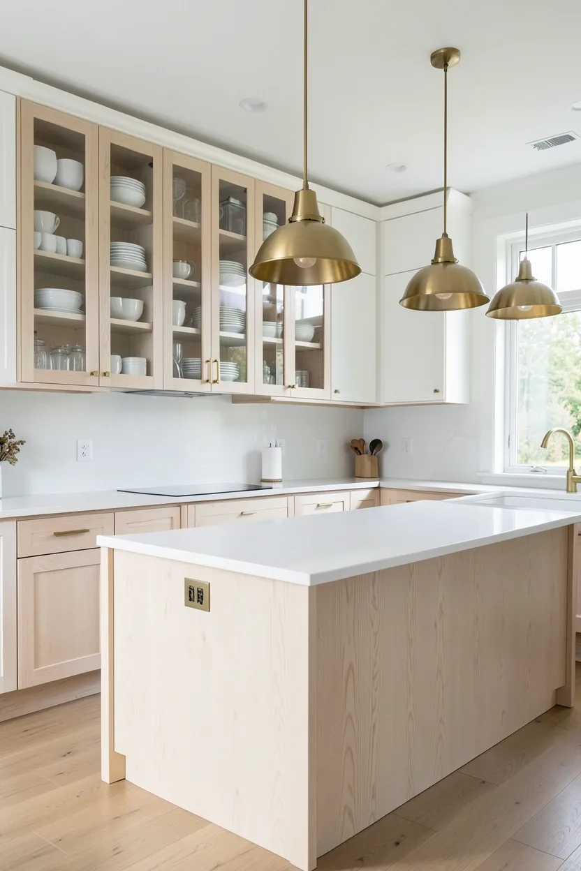 Hyper-realistic wide shot of a modern kitchen with white oak glass front cabinets. Upper cabinets feature white oak frames with clear glass door inserts displaying neatly arranged white ceramic dishes and glass storage containers. Lower cabinets in solid white oak with visible grain. Large island in same white oak with waterfall edge. White quartz countertop. Brass hardware throughout. Three brass pendant lights over island. Natural light highlights glass transparency. Clean organized surfaces. No text, no logos, no watermarks.</p>