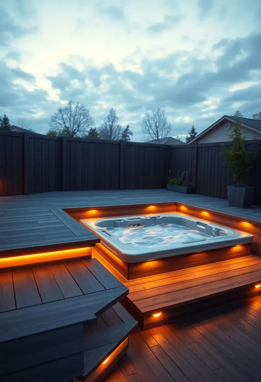 A tiered composite deck with integrated half-height privacy walls and built-in bench seating around a sunken hot tub with LED step lighting