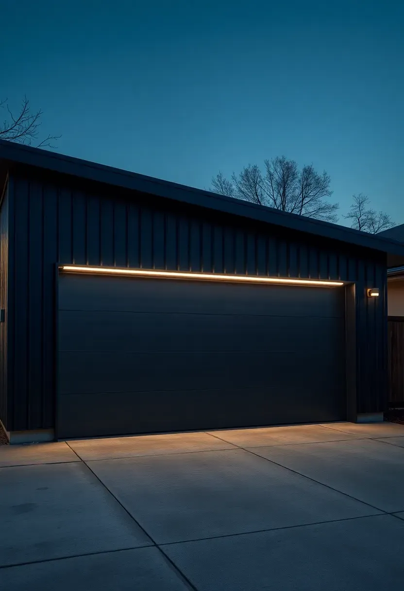 Sleek modern flat-roof attached garage with dark metal cladding and flush panel door
